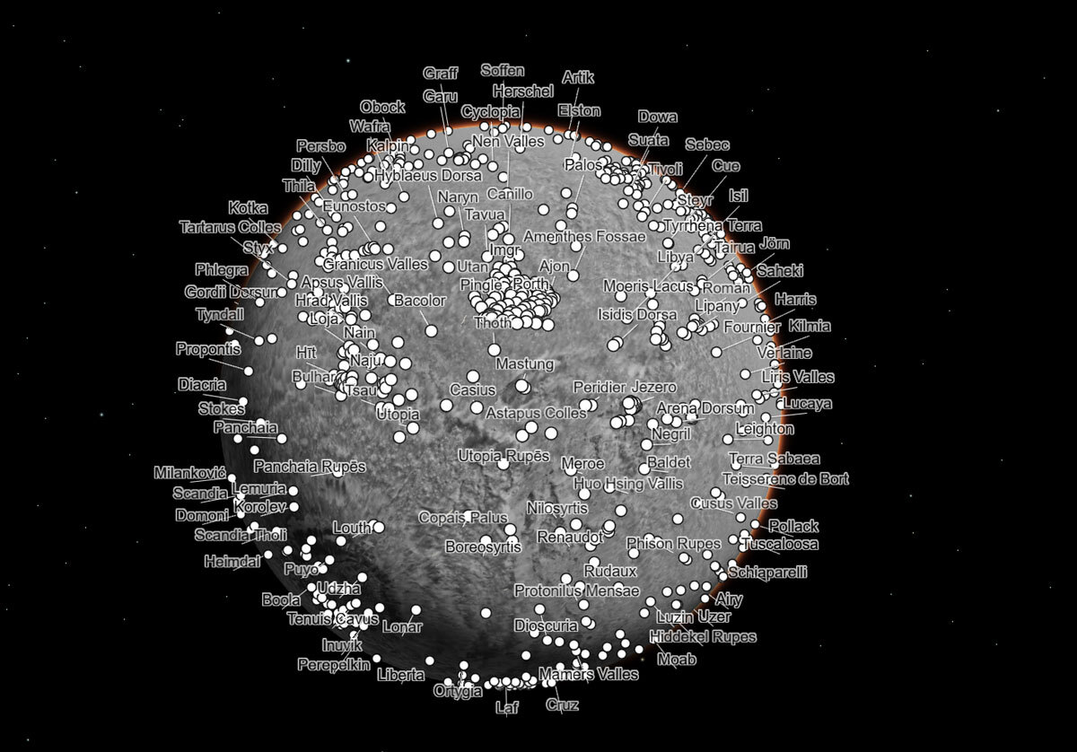Global image of the Mars planet with name labels
                  of its geography.